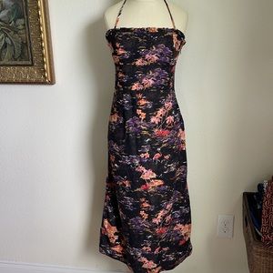 Free People linen tropical halter tie neck dress